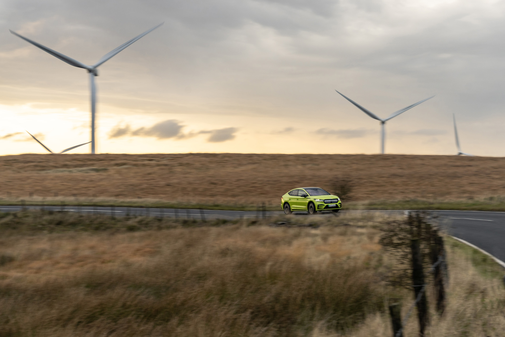 The Skoda Enyaq Coupe vRS on a country road