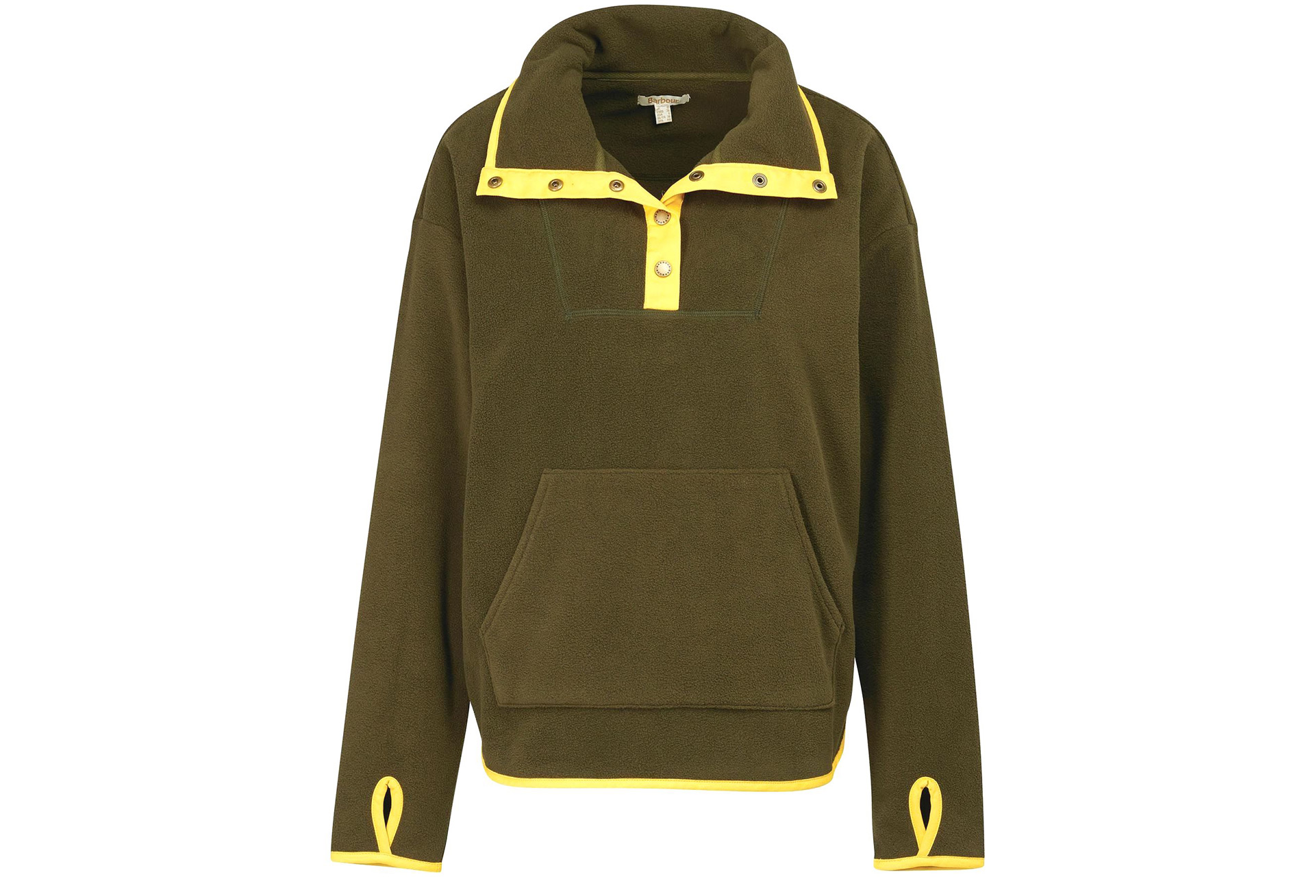 Khaki green fleece with yellow piping around cuffs and collar.