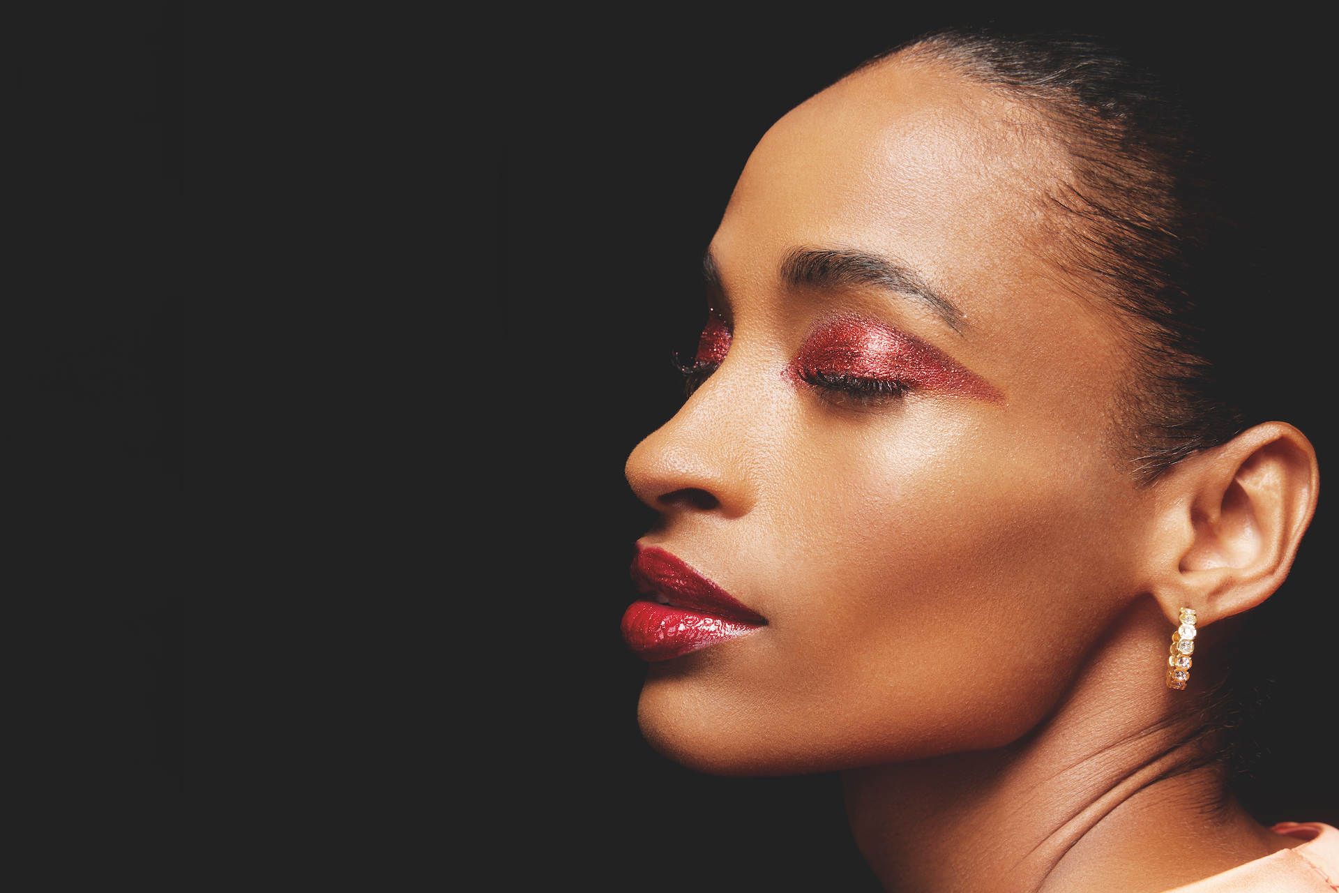 fenwick beauty shot of model wearing red eyeshadow