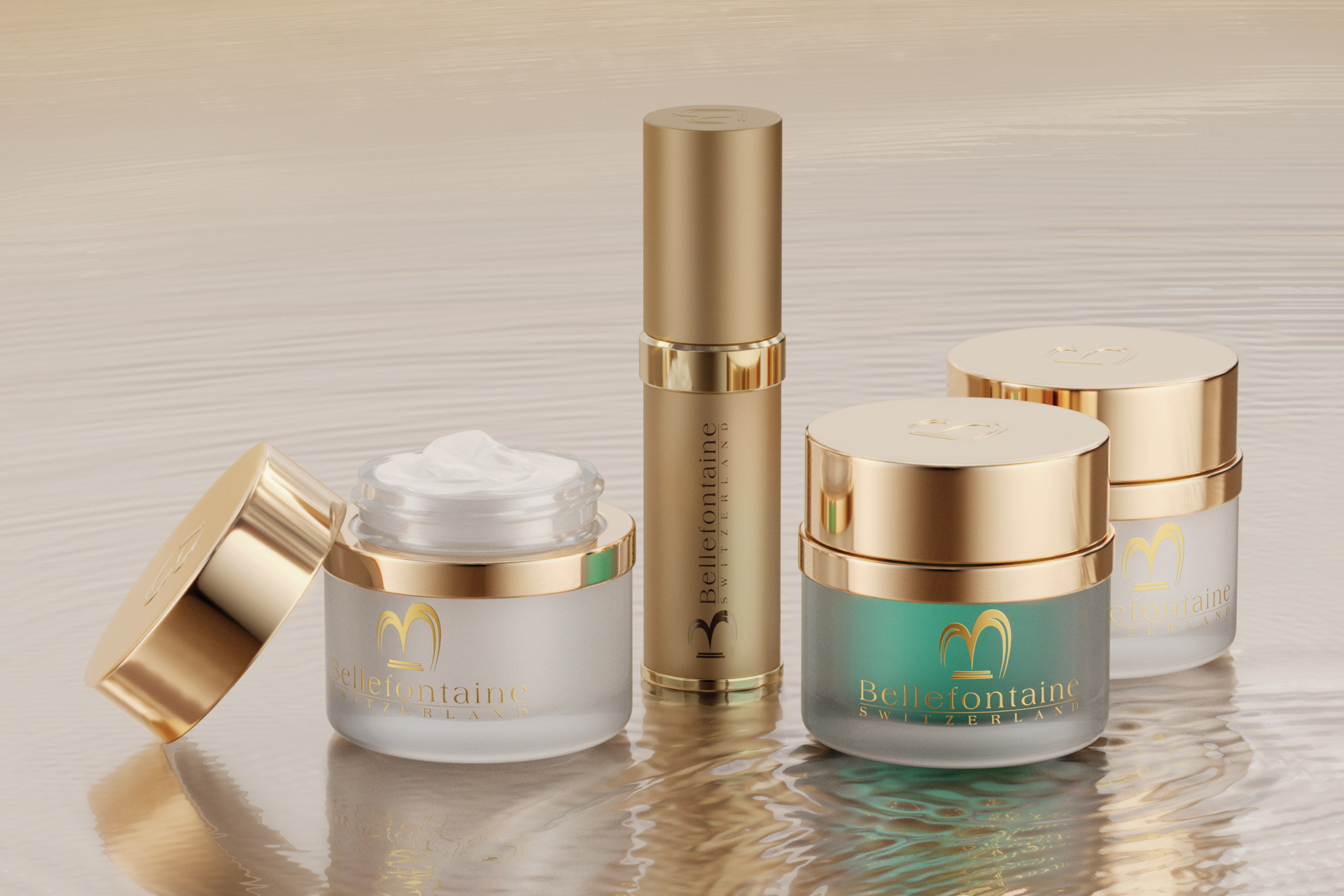 Skincare products lined up on reflective surface