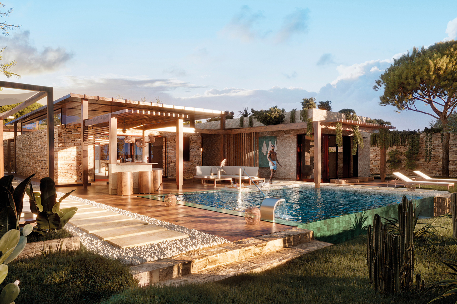 Pool with sunbeds and cabanas surrounding