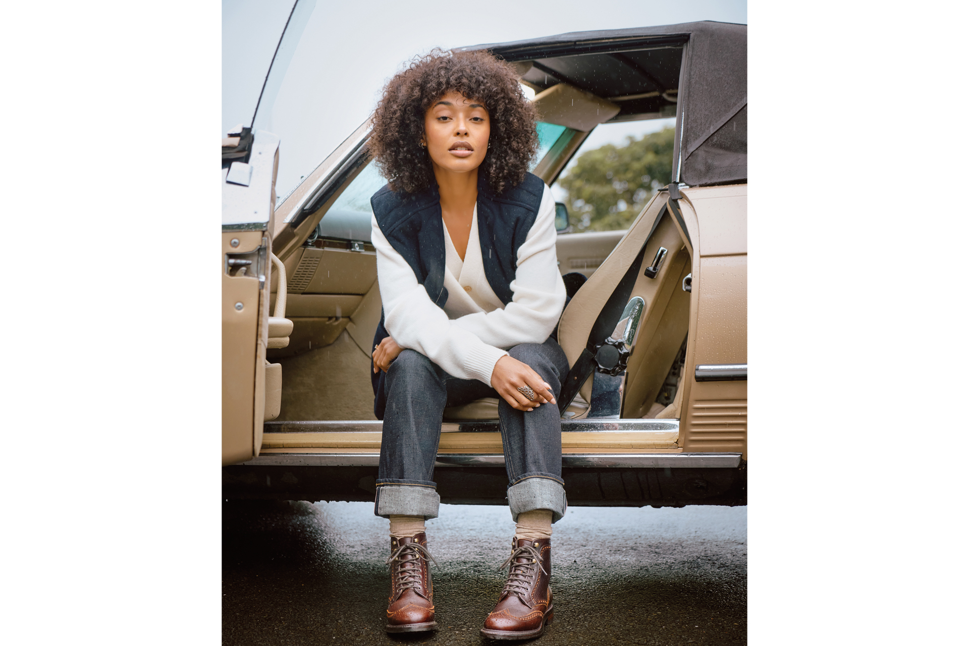 Woman in car wearing Cheaney boots