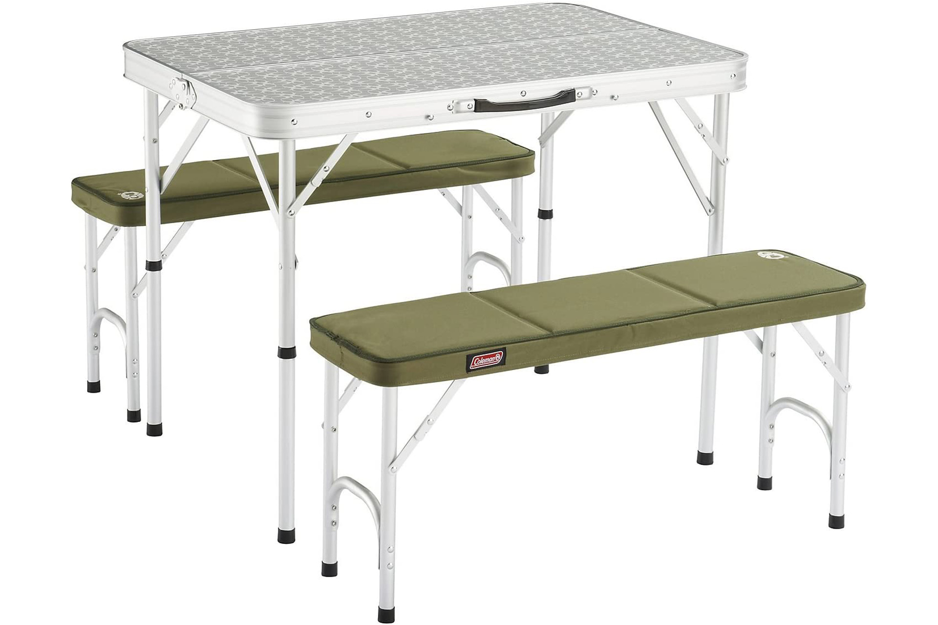 Portable table and benches with olive green covers