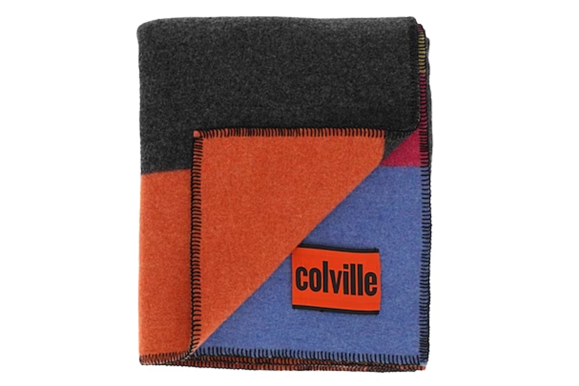 Orange, blue and dark grey woolen throw blanket
