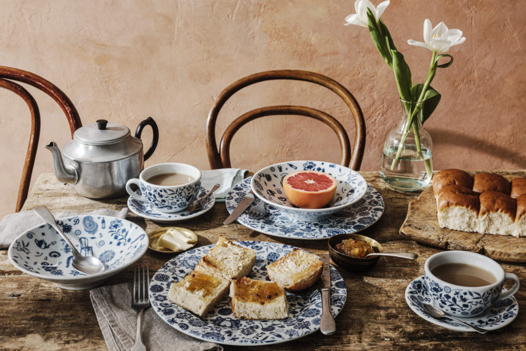 Blue and white crockery on table