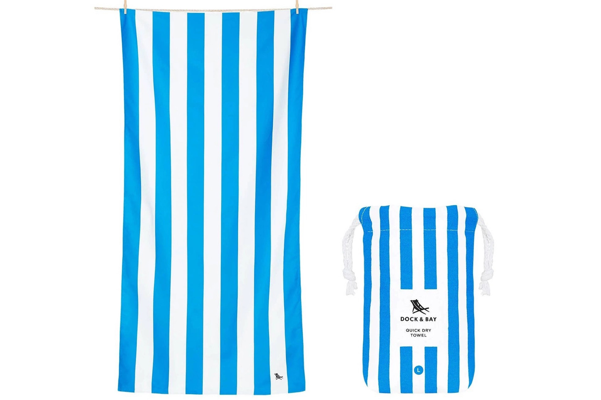 Blue and white striped towels with small bag