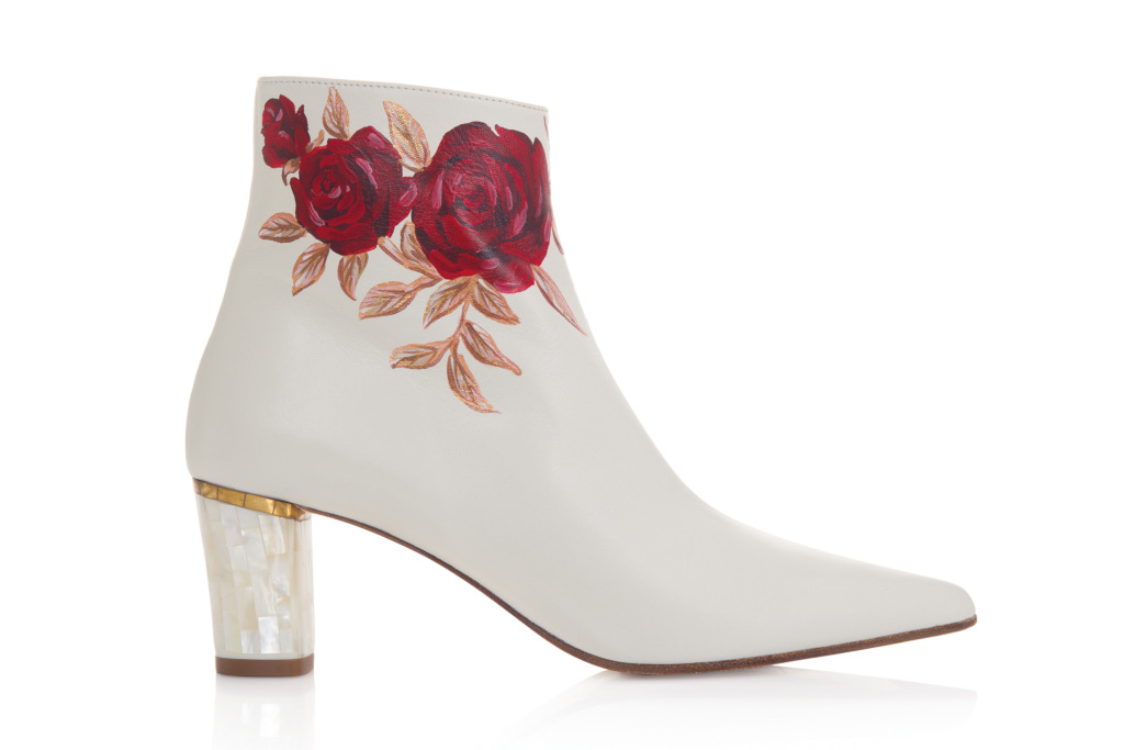 White boot with red roses
