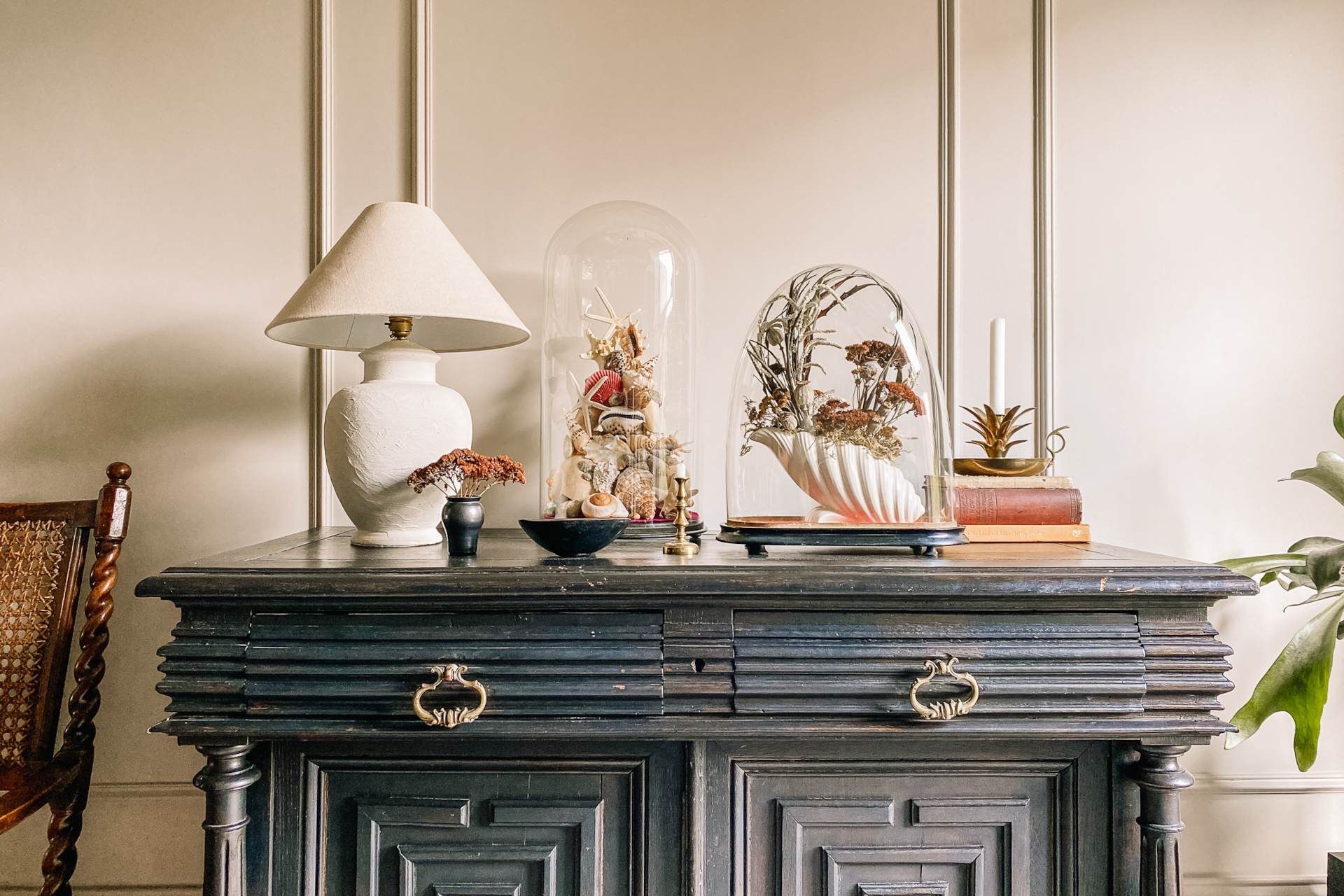 Seashell and dried flowers glass domes on blue side table