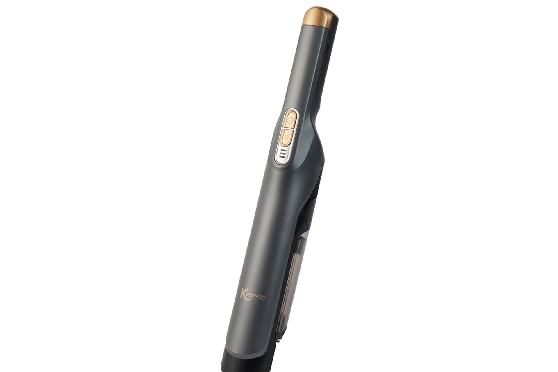 Grey and black mini vacuum with gold accents