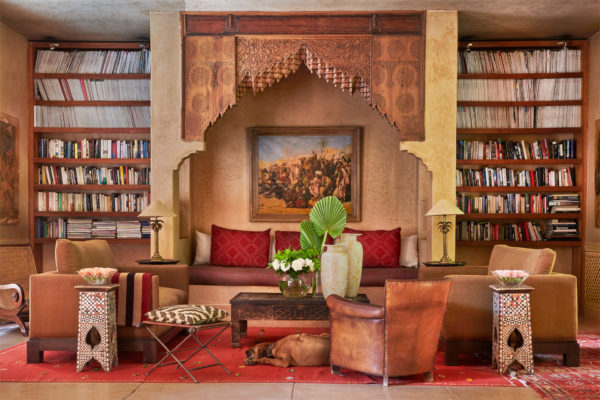 Library with red and wooden accents
