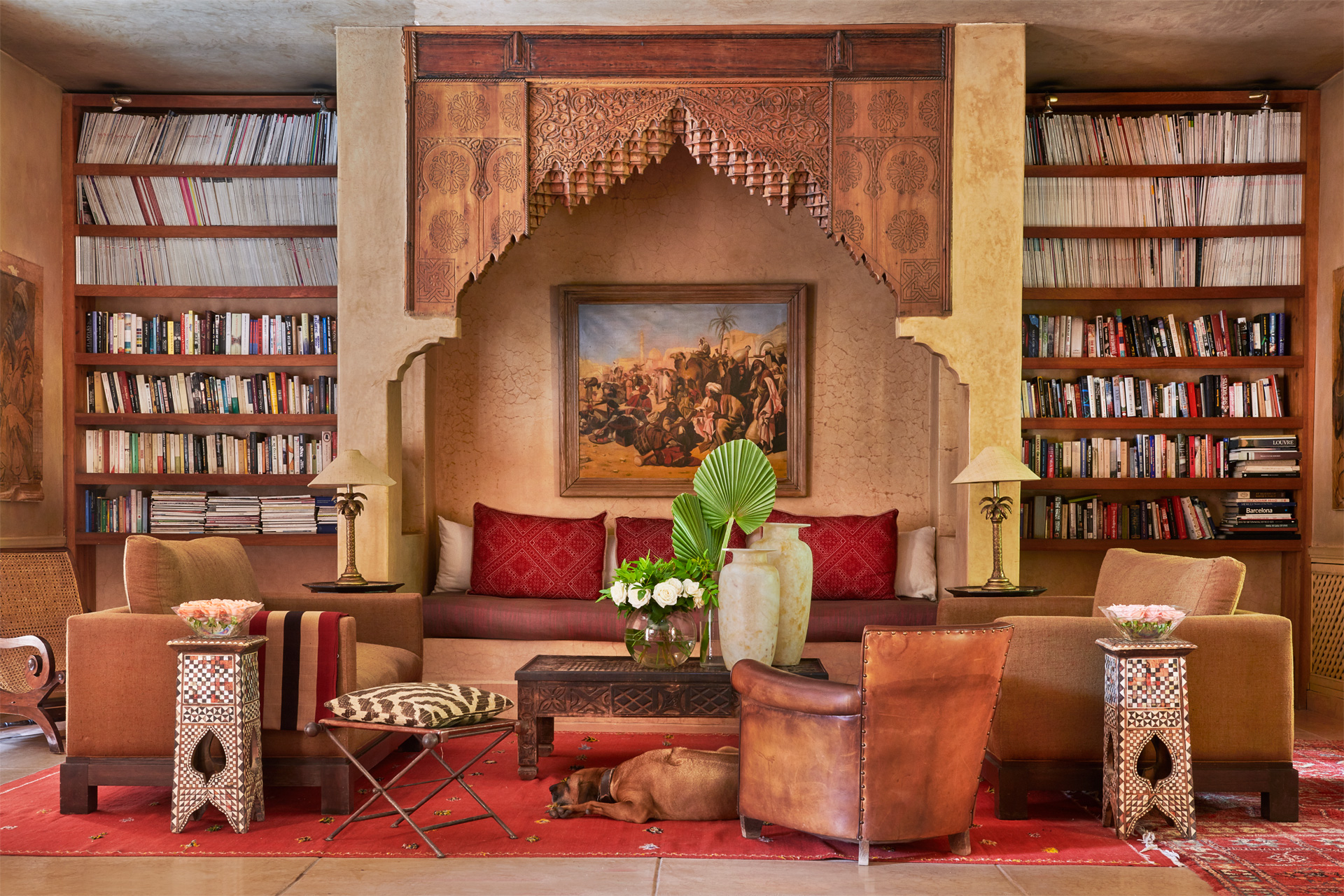 Library with red and wooden accents