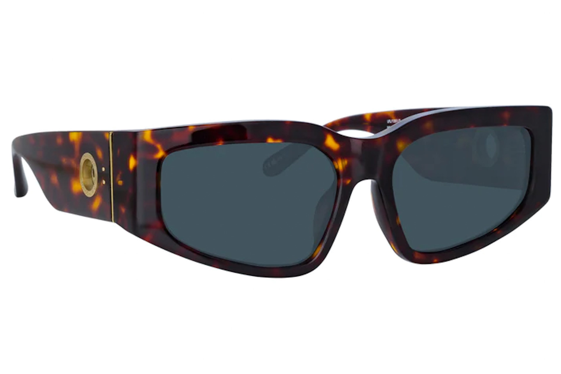 Cat-eye sunglasses with tortoiseshell frames and gold logo.
