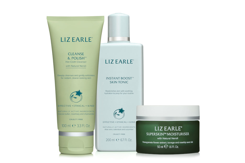 Green bottles and tubs of skincare