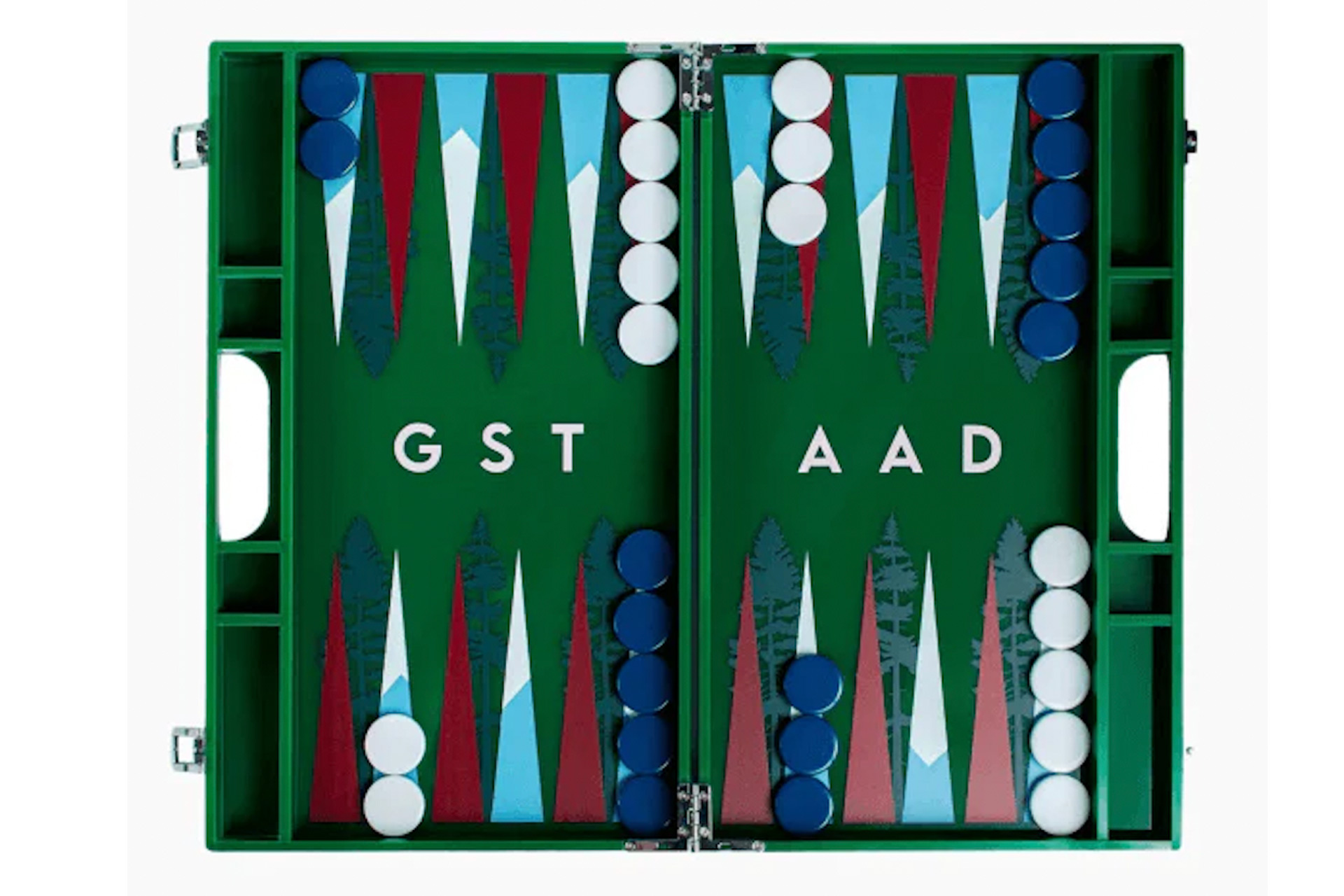 Backgammon with 'Gstaad' printed in the middle of the board and mountain peaks for the triangle sections.