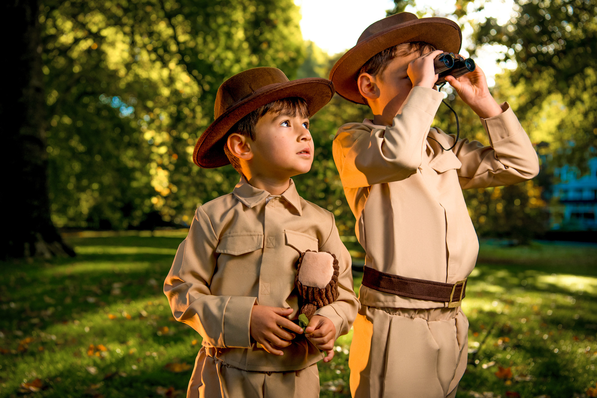 Two children dressed up as park rangers