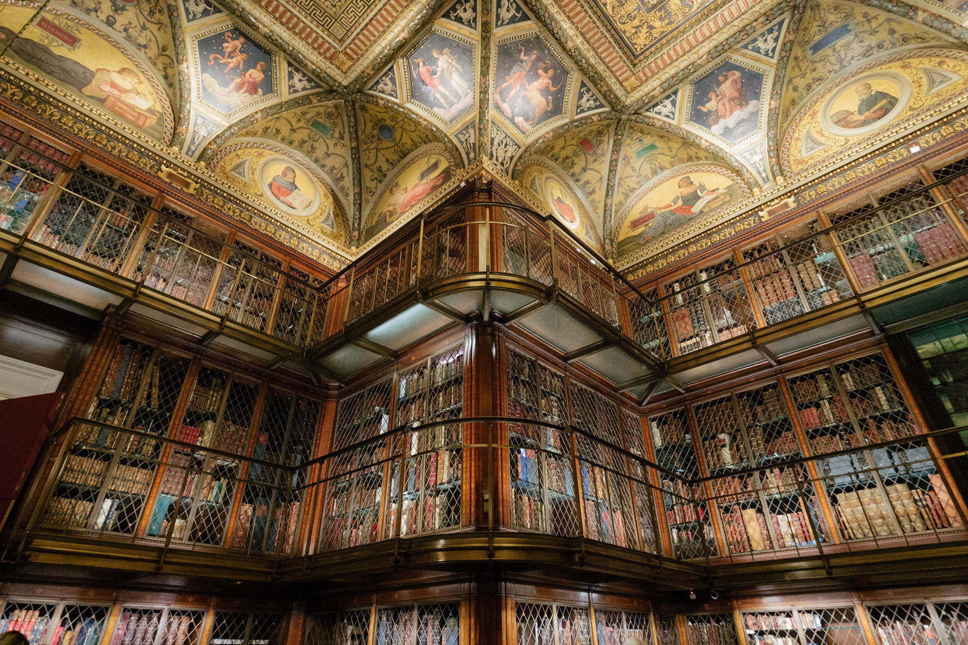 Ceiling and bookshelves at the Morgan Library and Museum NYC