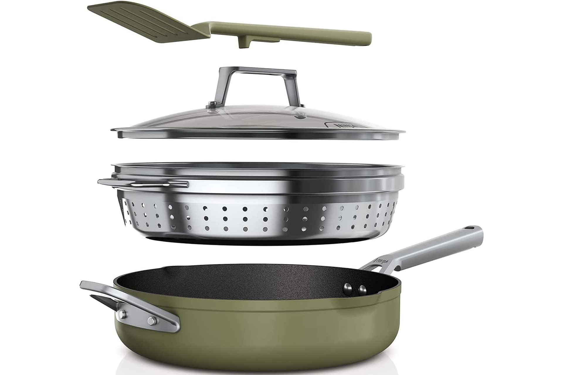 Olive green pan with steamer, lid and matching spatula