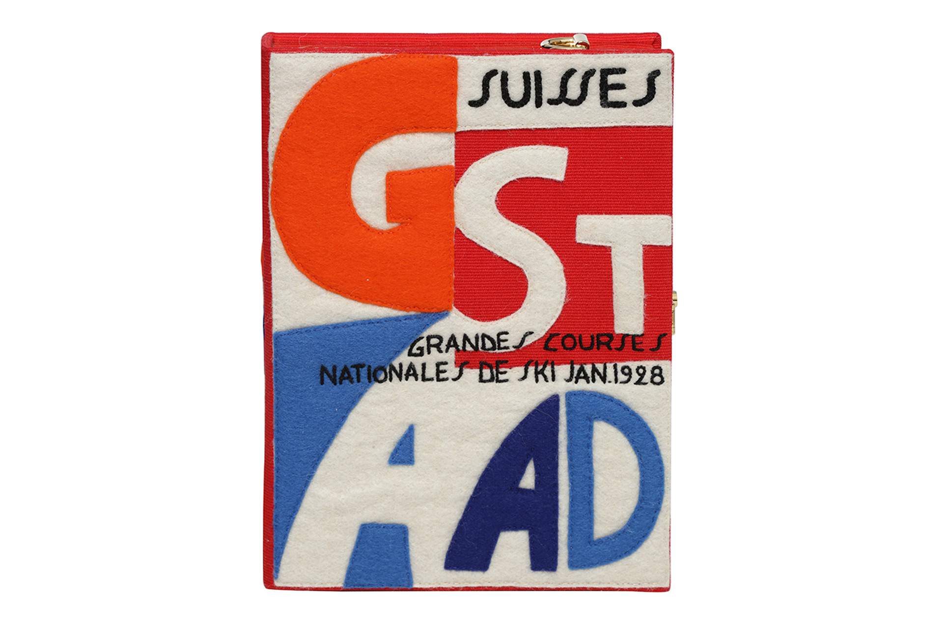Clutch bag with 'Gstaad' print in red, orange, white and blue