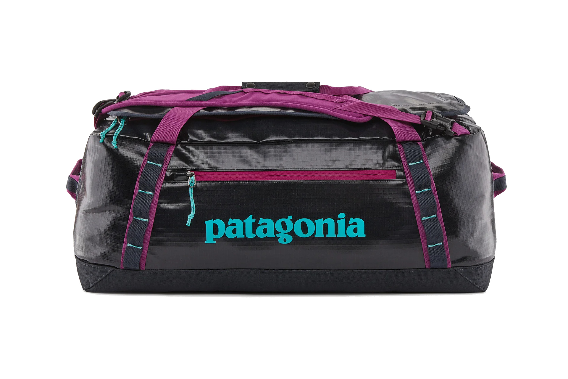 Black duffle bag with purple straps