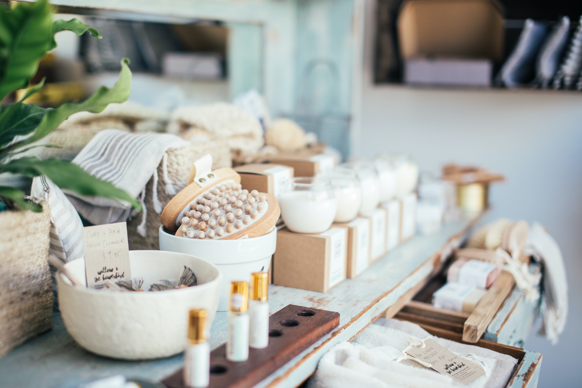 Skincare products laid out on side table