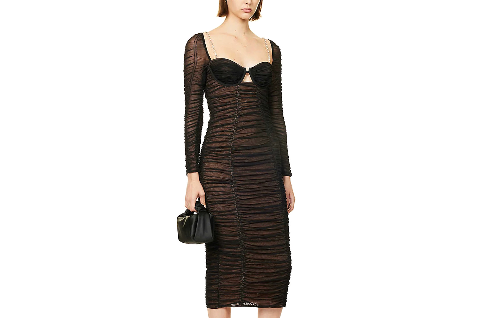 Black ruched midi dress with sweetheart neckline