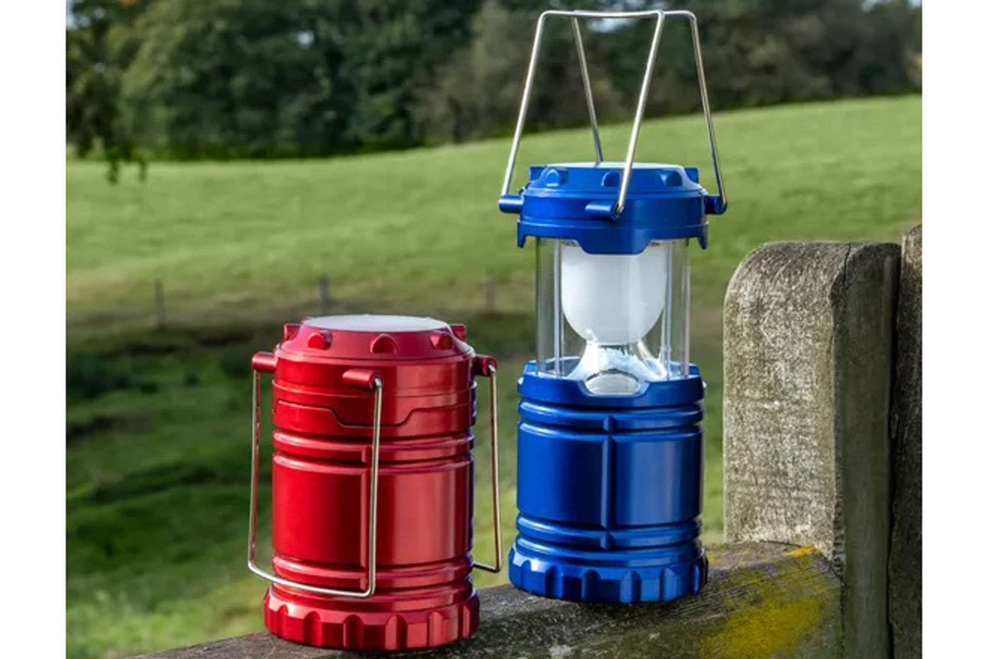 Blue camping lantern with orange case