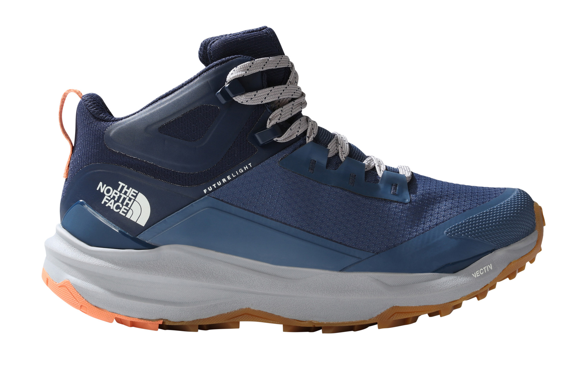 Blue snow boot with white sole.
