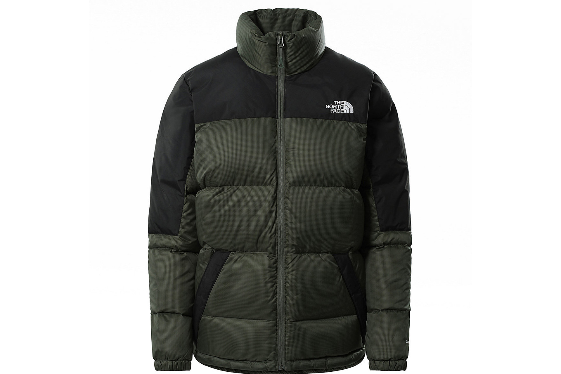 Puffer jacket in dark green with black top panels.