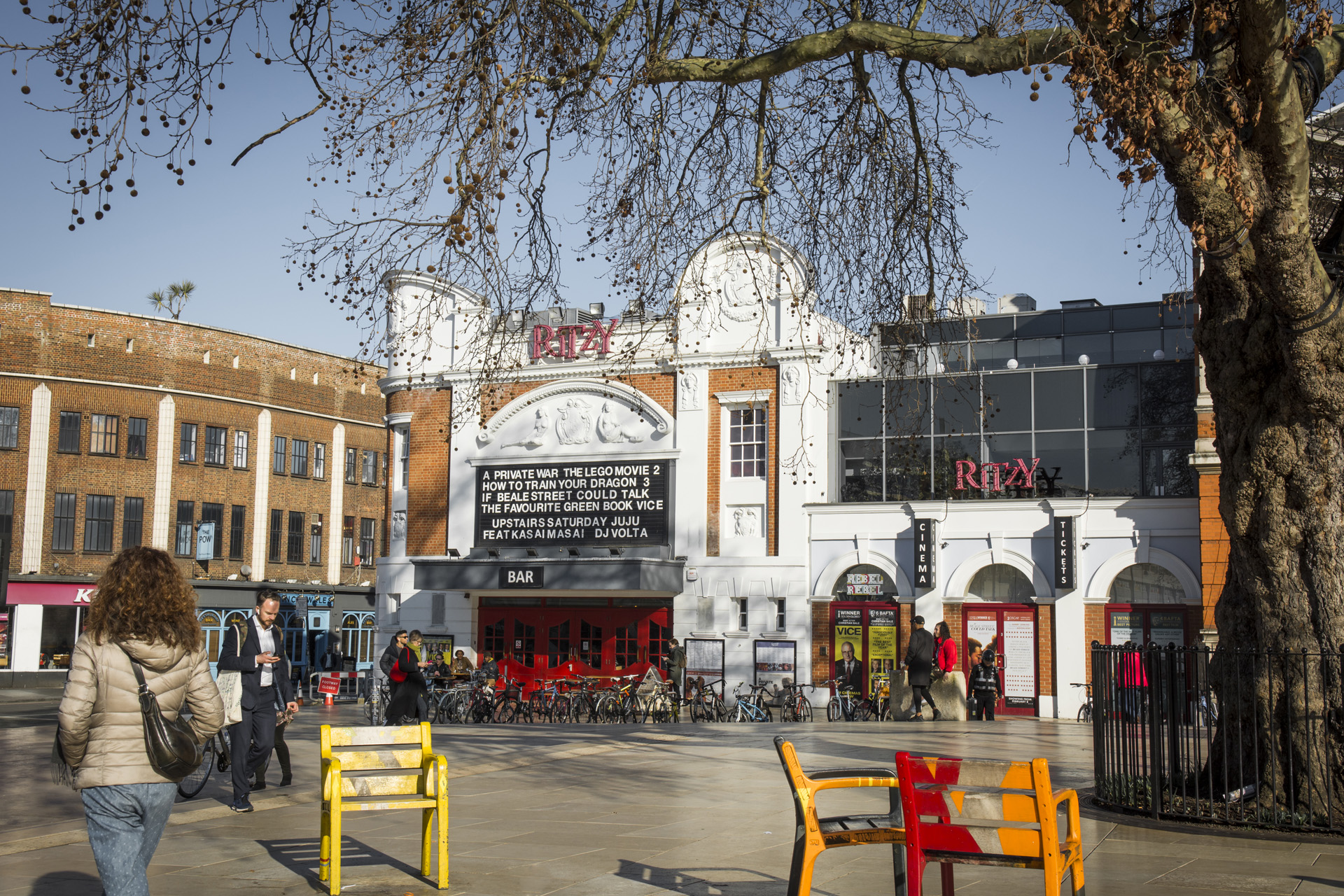 Brixton, UK- February, 2019: View of the Ritzy Picturehouse cinema in south west London, a prominent building with a bar and cafe