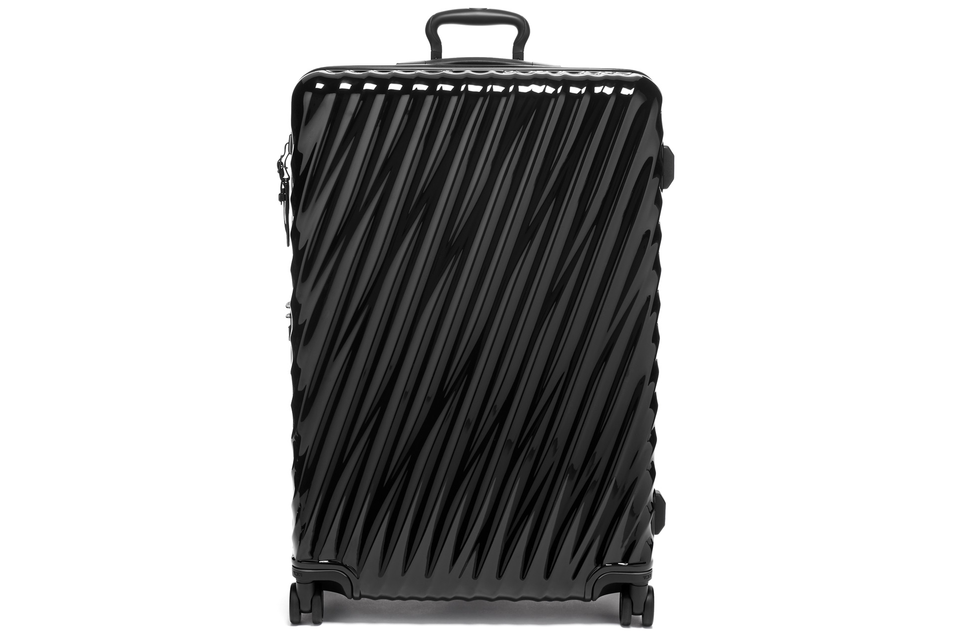 Suitcase made of corrugated black plastic with top handle.