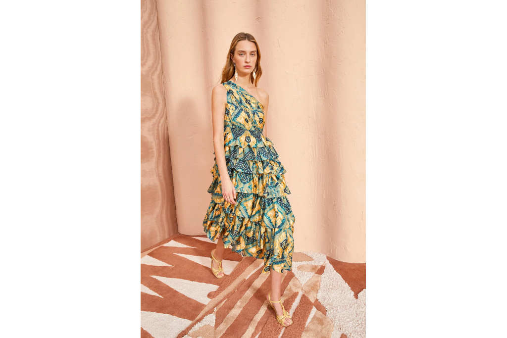 Woman in blue and yellow dress