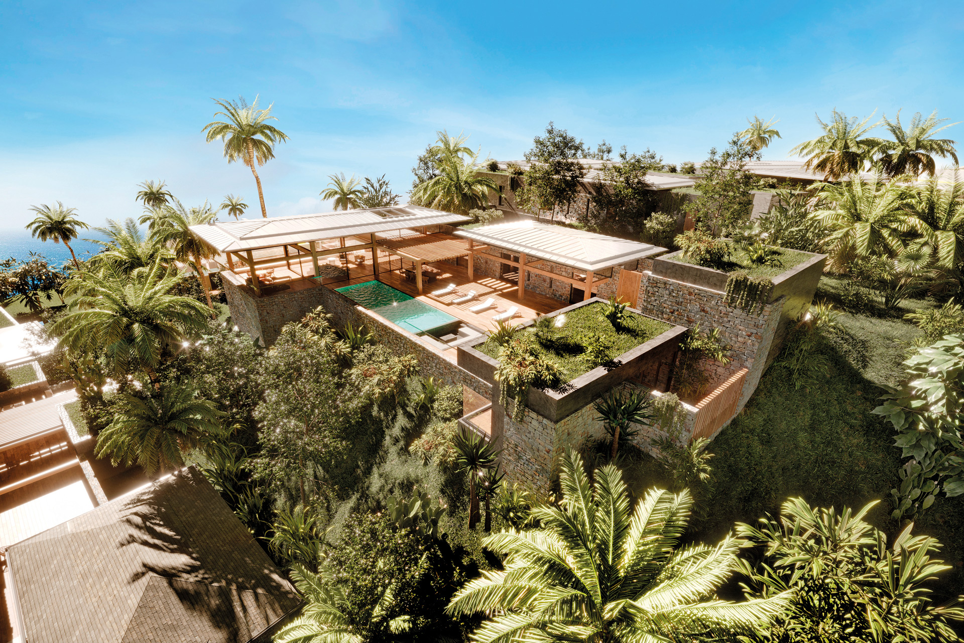 Villa on hilltop with palm trees and pool