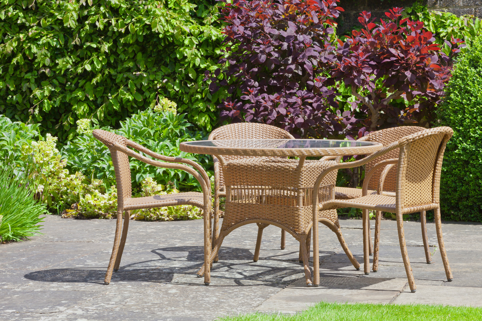 Wicker garden furniture with hedges in the background