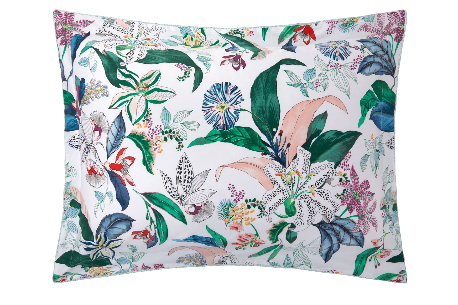 Yves Delorme cushion in white, pink and green leafy Bahamas pattern