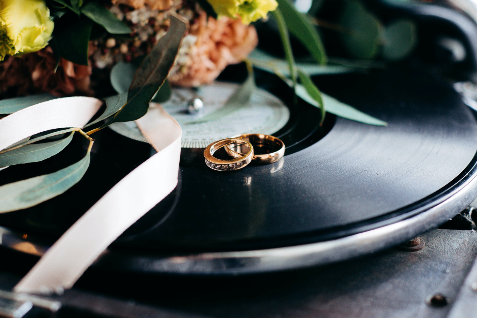 Wedding rings on vinyl record