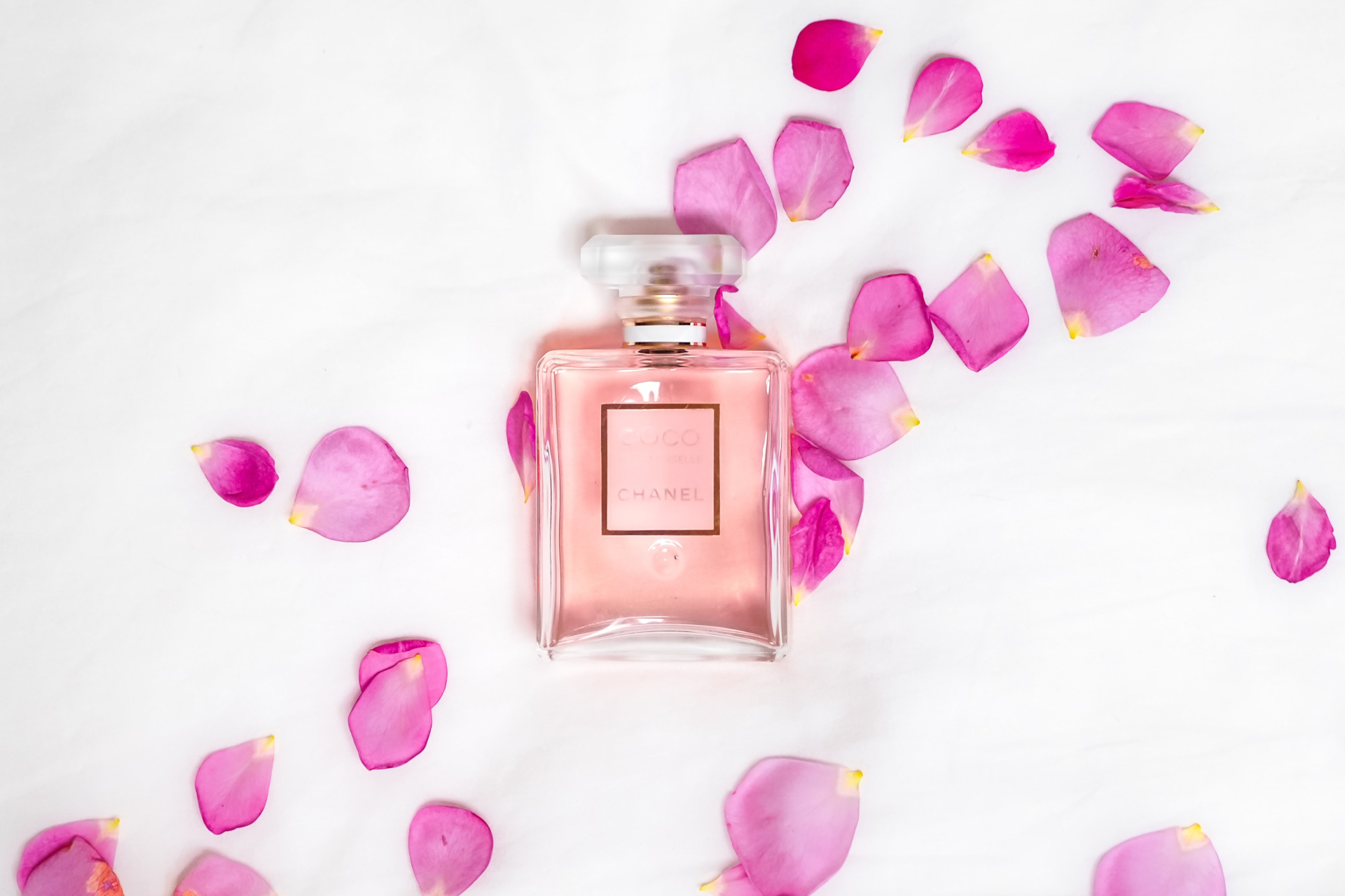 Pink perfume bottle on white surface with pink flower petals