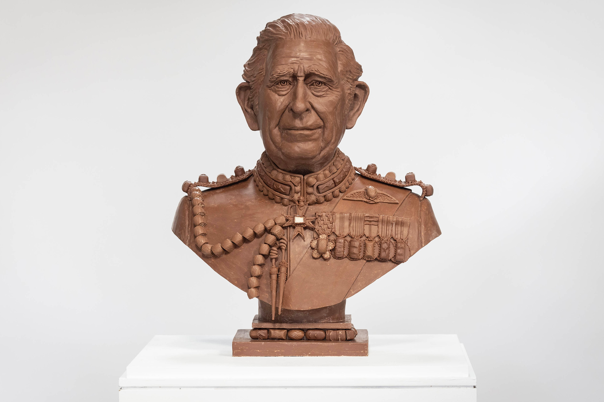 Chocolate sculpture of King Charles III