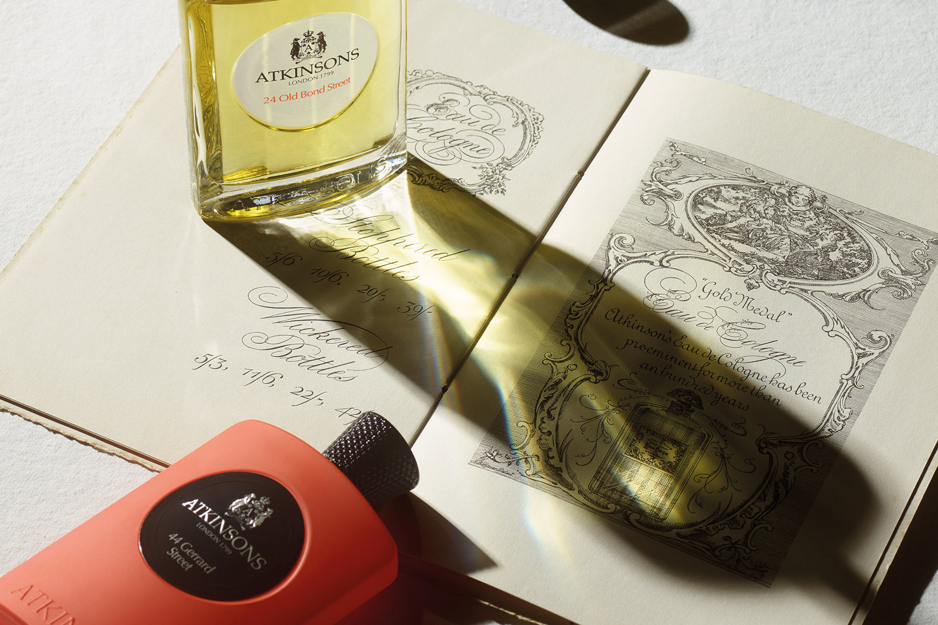 Perfume bottle on illustrated book - British perfume brands