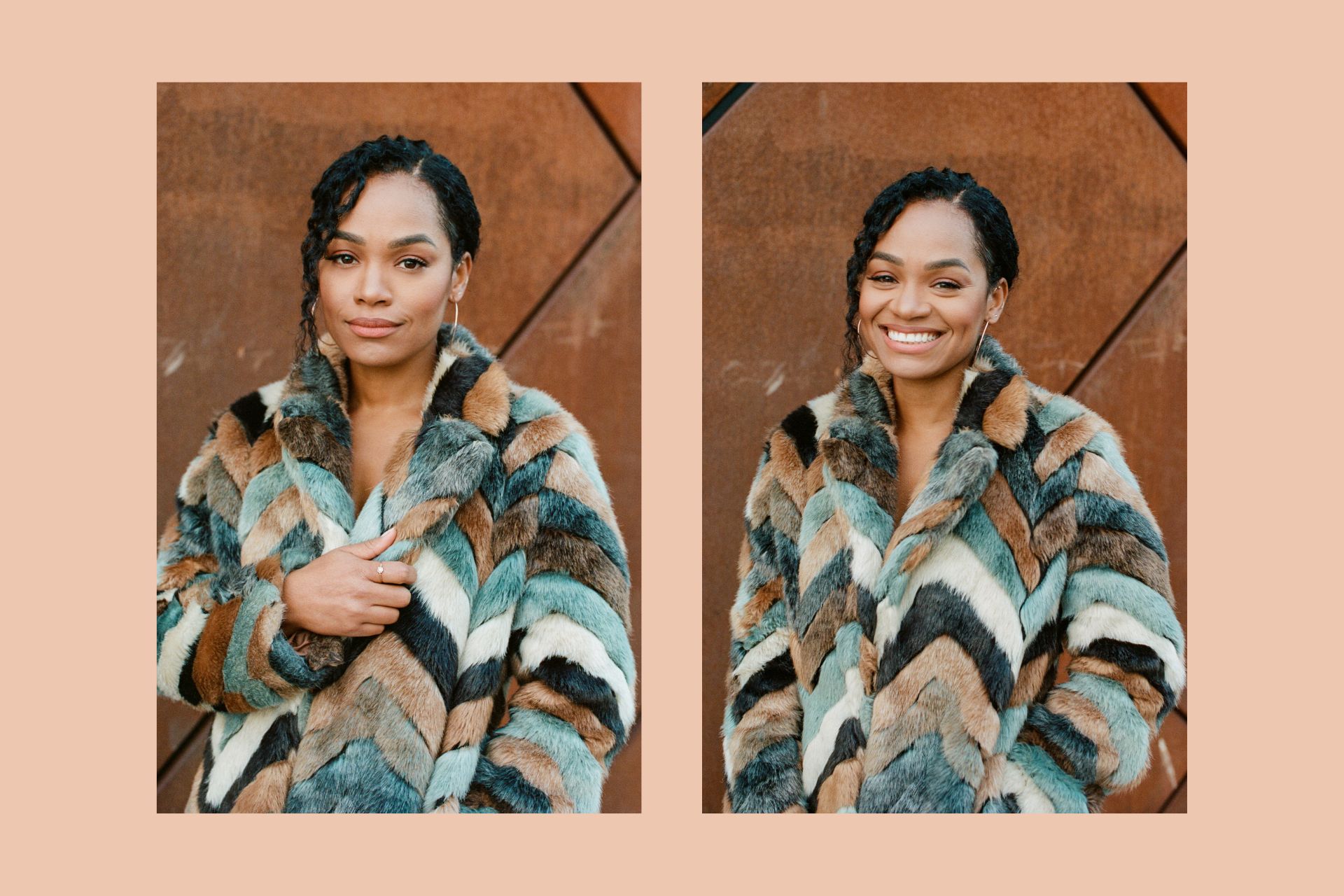 Two images of Tahirah Sharif in a fur coat