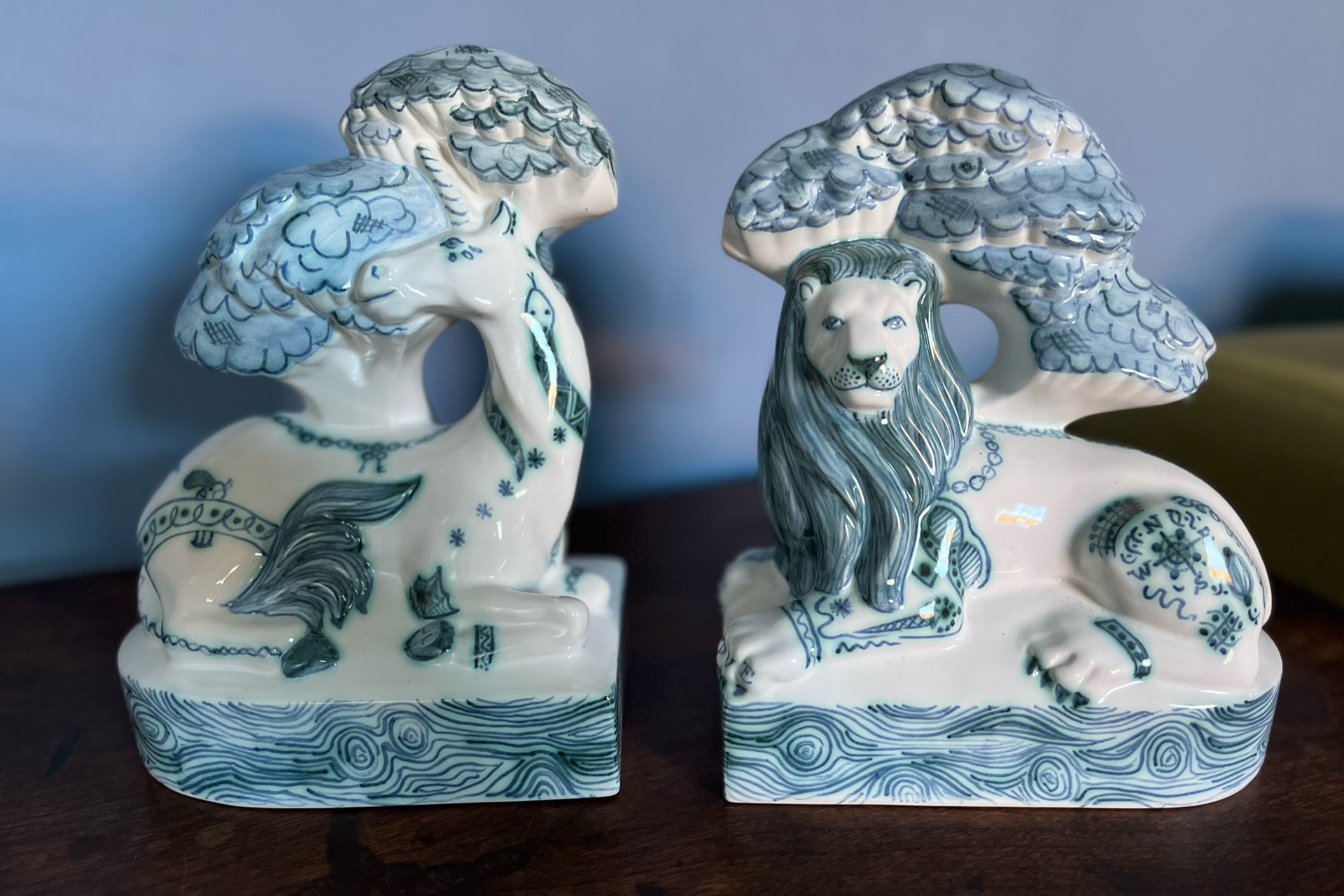 Blue and white commemorative bookends from Rye Pottery.