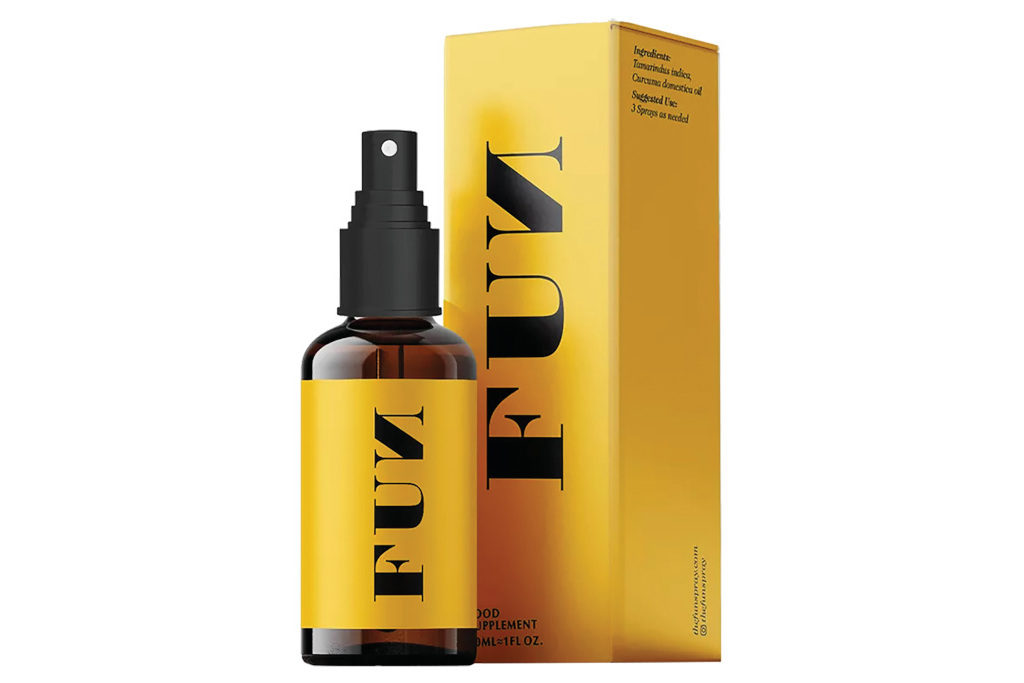 Yellow box next to brown spray bottle with yellow label
