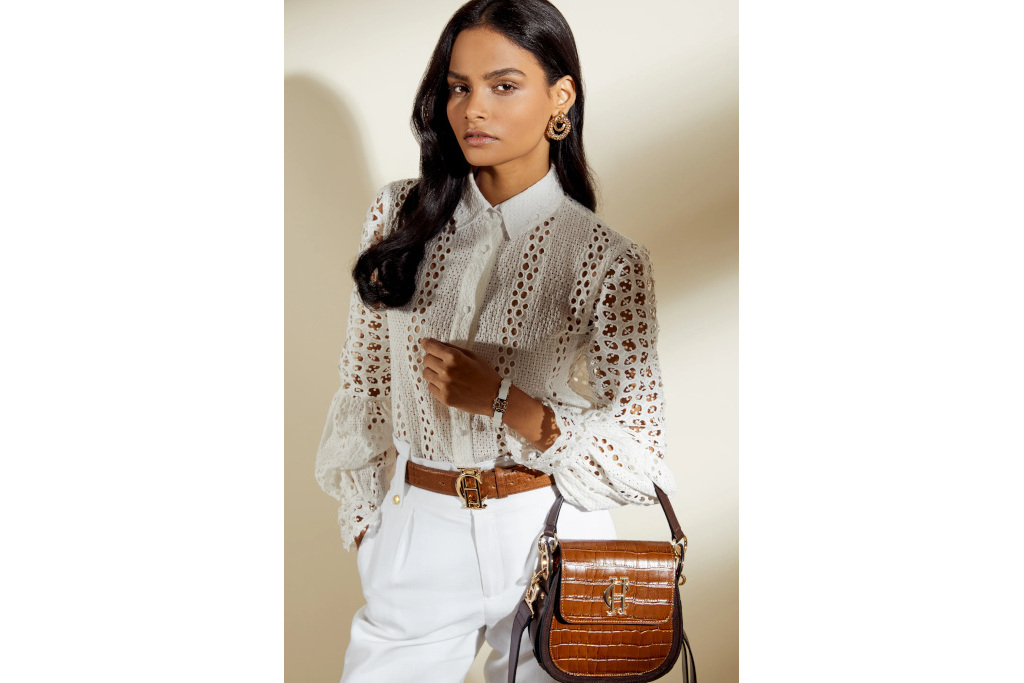 Woman in white lace shirt