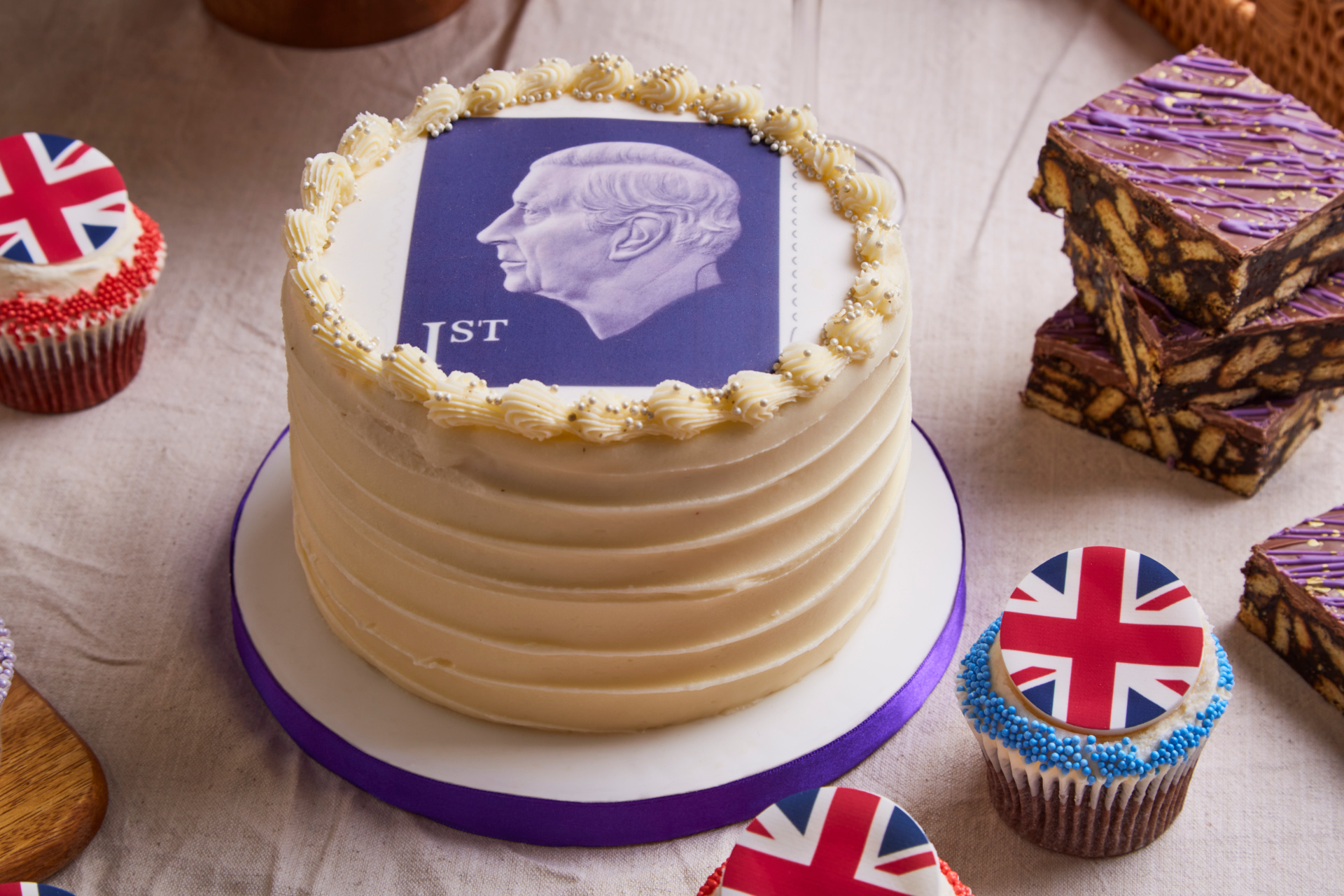 Cake with King Charles stamp on the top
