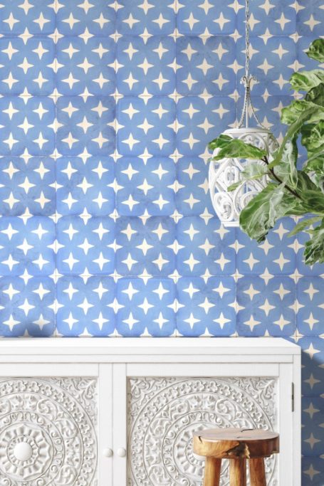 Blue wall over white cabinet