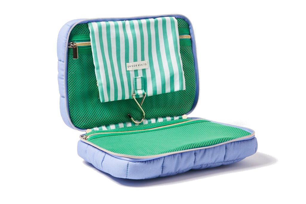 Open blue and green cosmetics bag