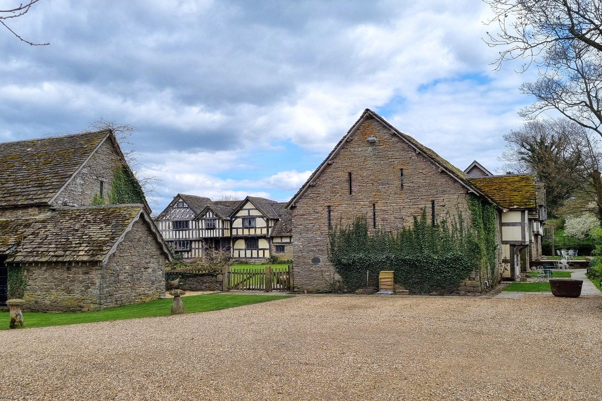 Exterior of brick farmhouse hotel, Penrhos Court.