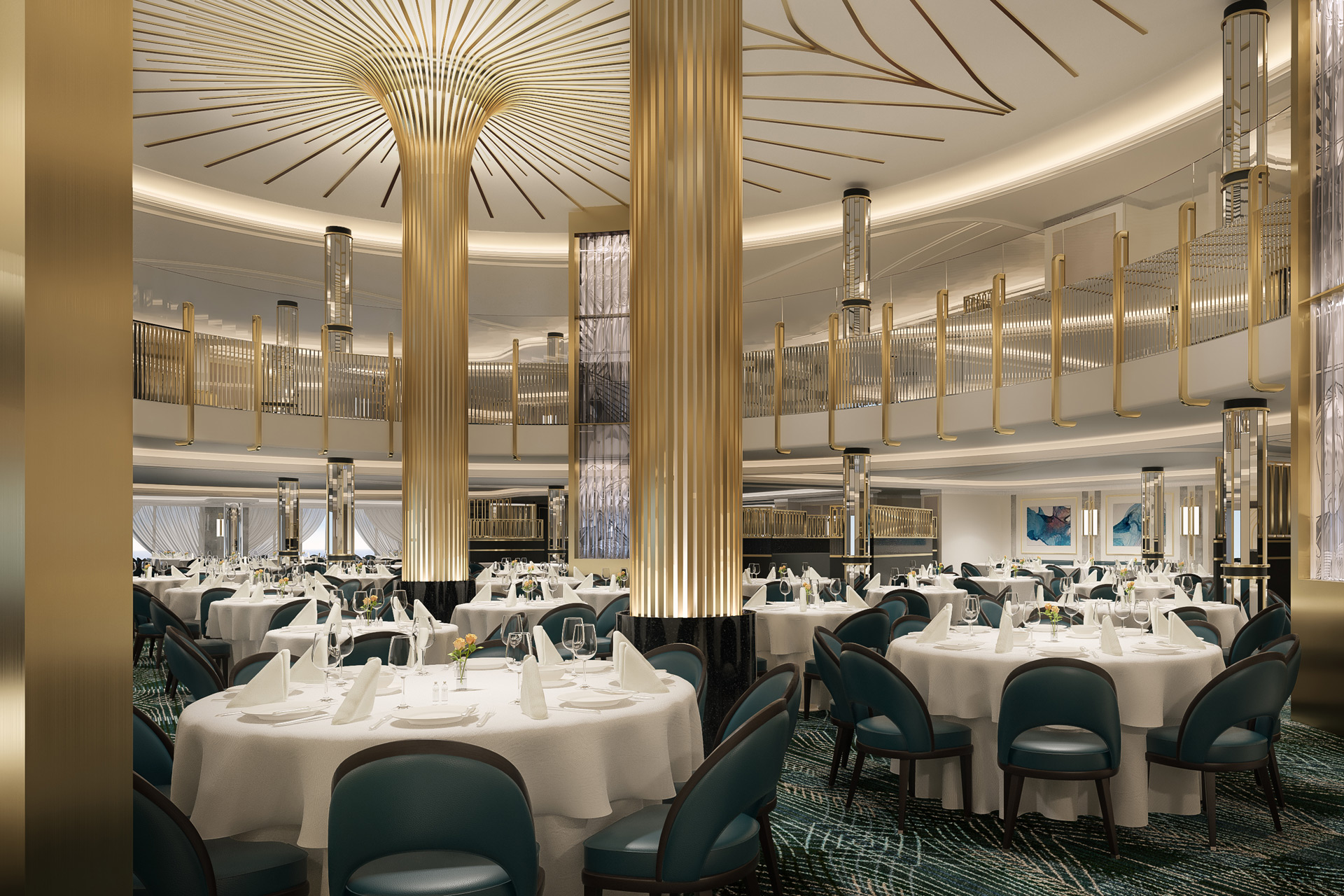 CGI rendering of the Britannia Restaurant on the Queen Anne cruise ship.