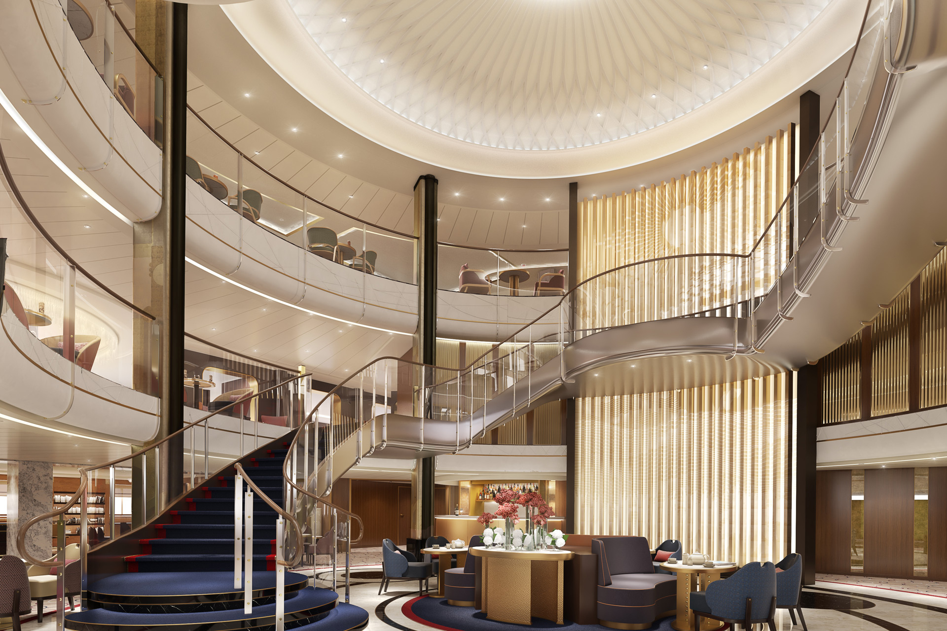 A CGI rendering of the lobby of the Queen Anne cruise ship.