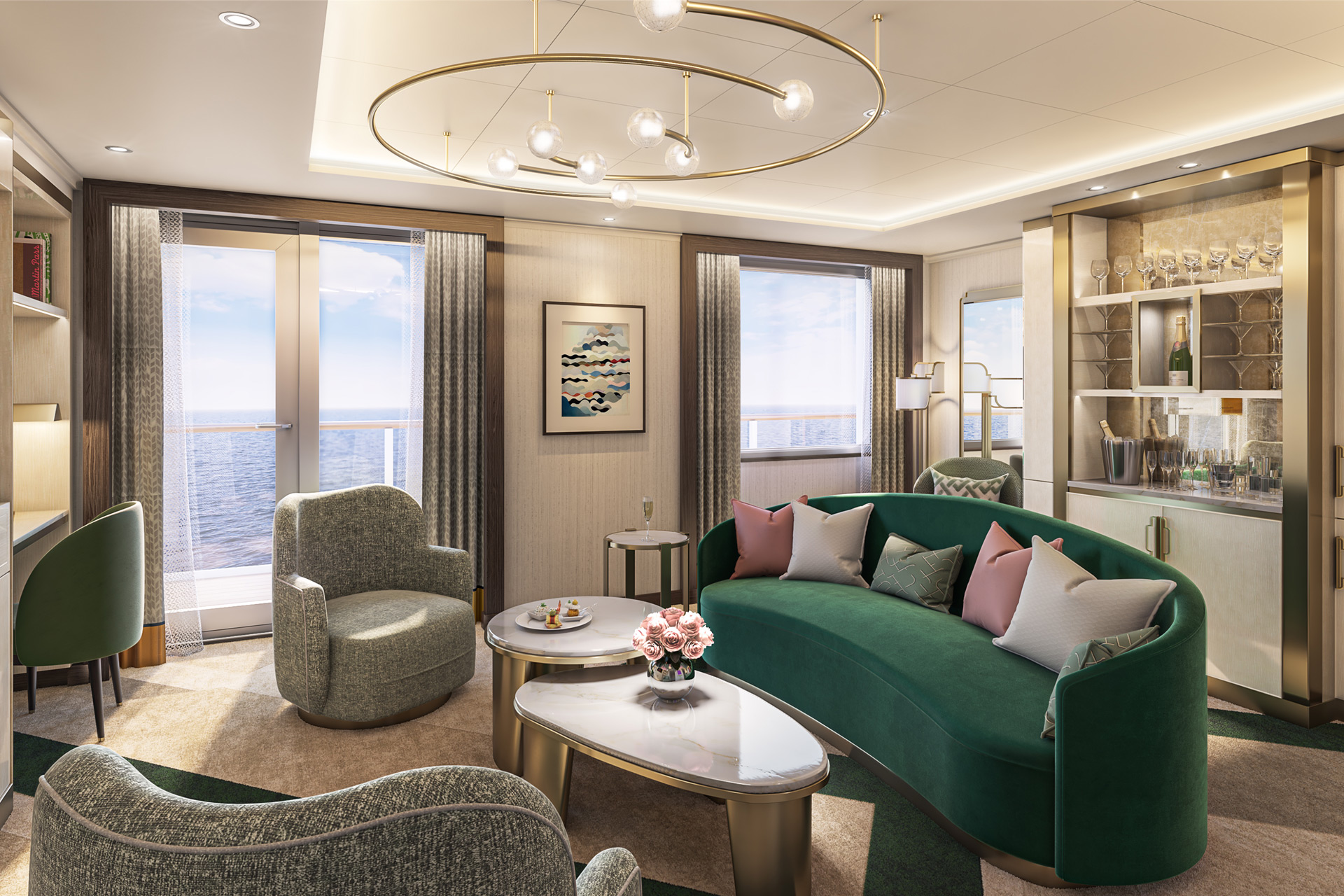 A CGI rendering of a bedroom suite on the Queen Anne cruise ship.