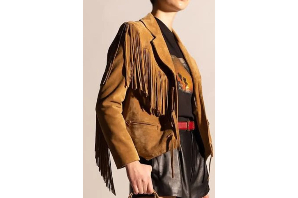 Woman in brown fringe jacket